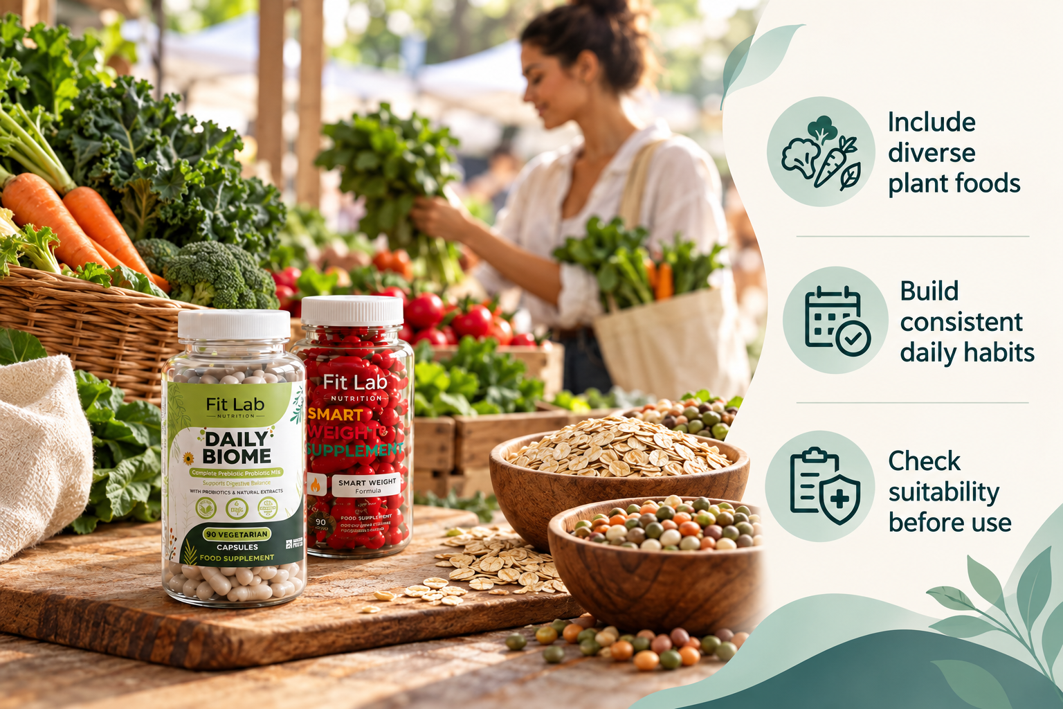 Daily Biome infographic with Fitlab Nutrition supplements and practical guidance