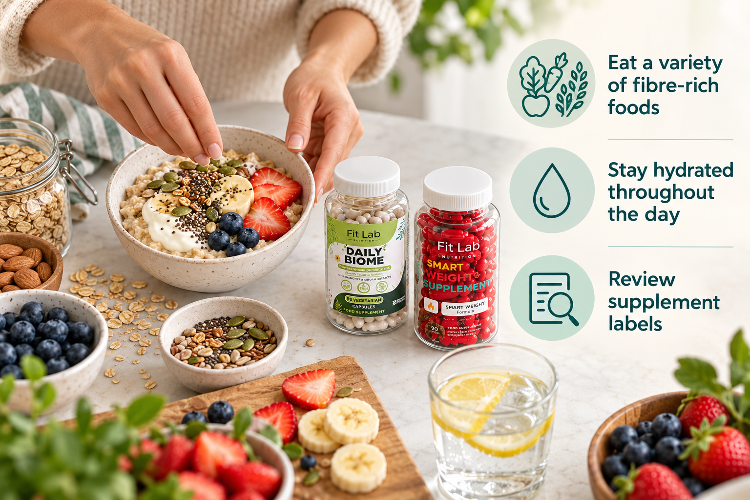 Gut Health and Digestive Balance infographic with Fitlab Nutrition supplements and practical guidance