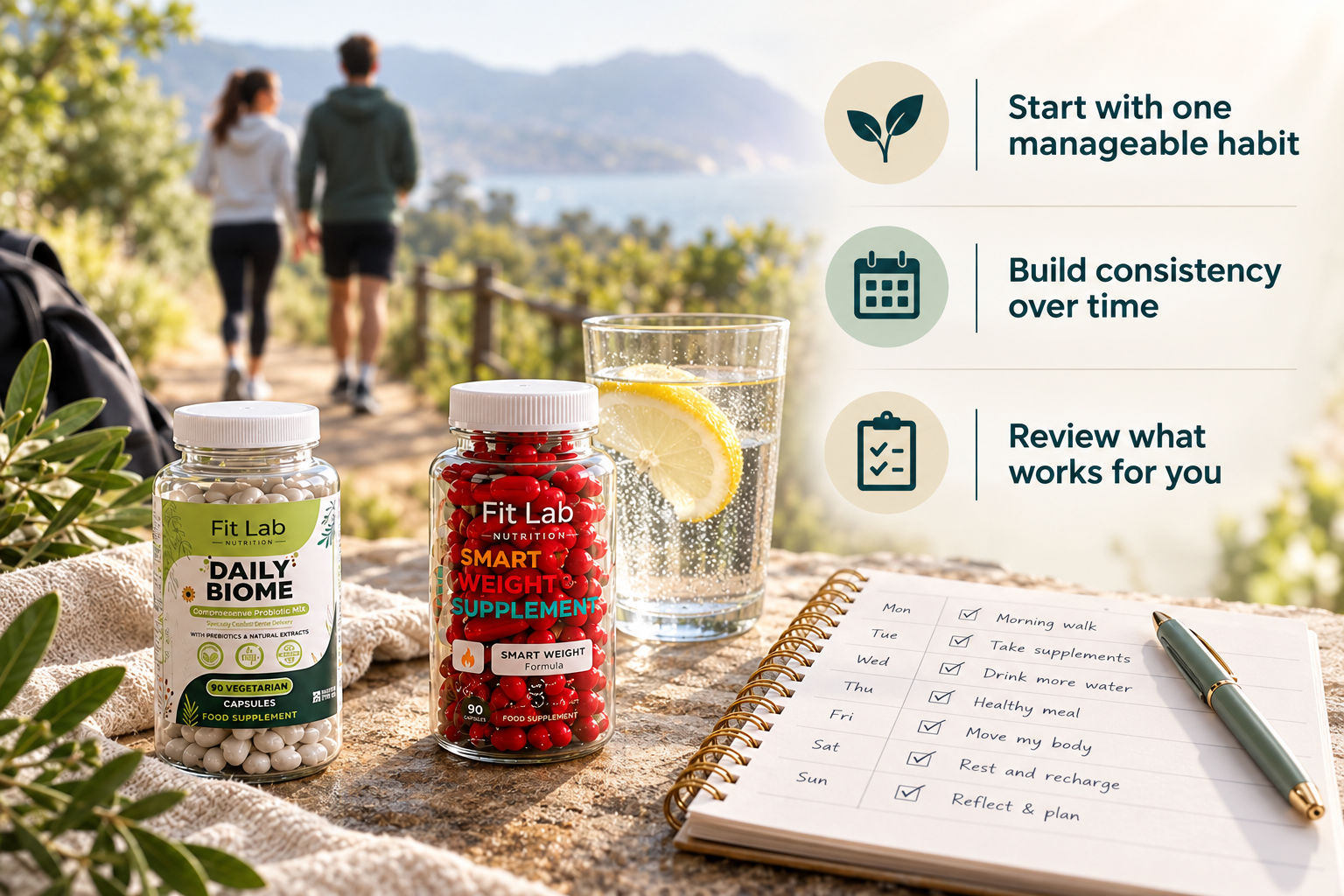 Building Better Habits Gradually infographic with Fitlab Nutrition supplements and practical guidance