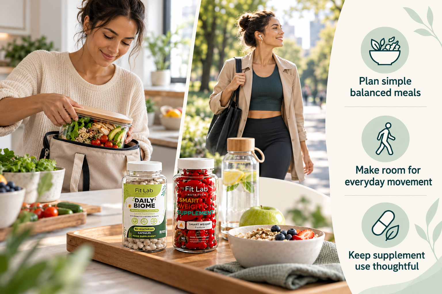 Nutritional Support That Fits Around Real Life infographic with Fitlab Nutrition supplements and practical guidance