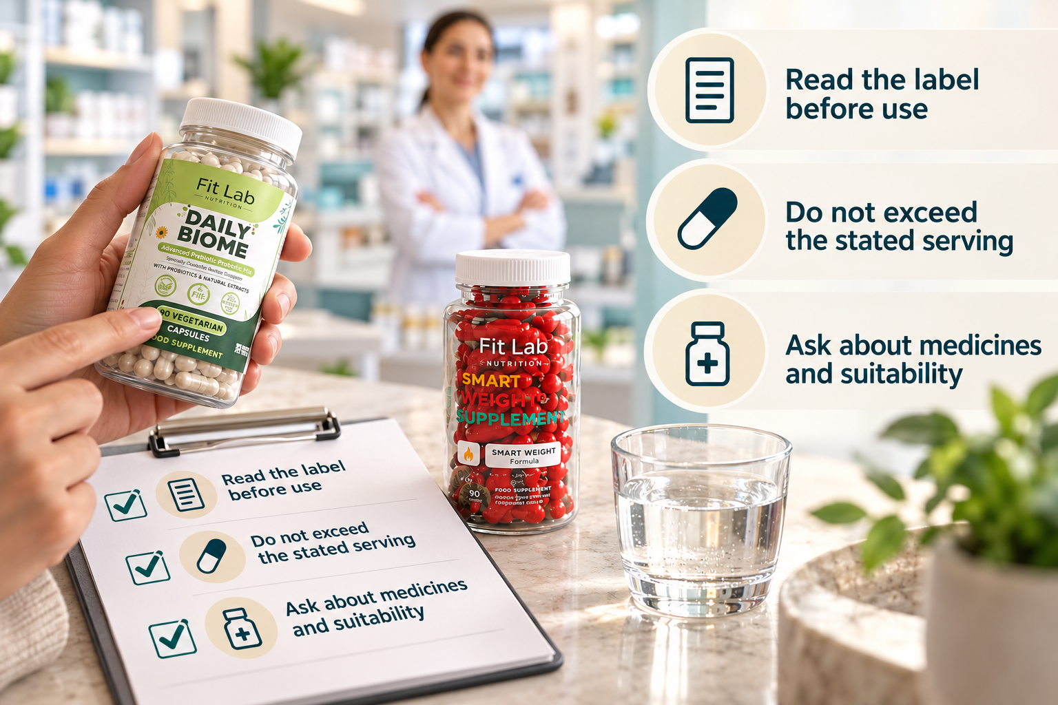 Responsible Supplement Use infographic with Fitlab Nutrition supplements and practical guidance