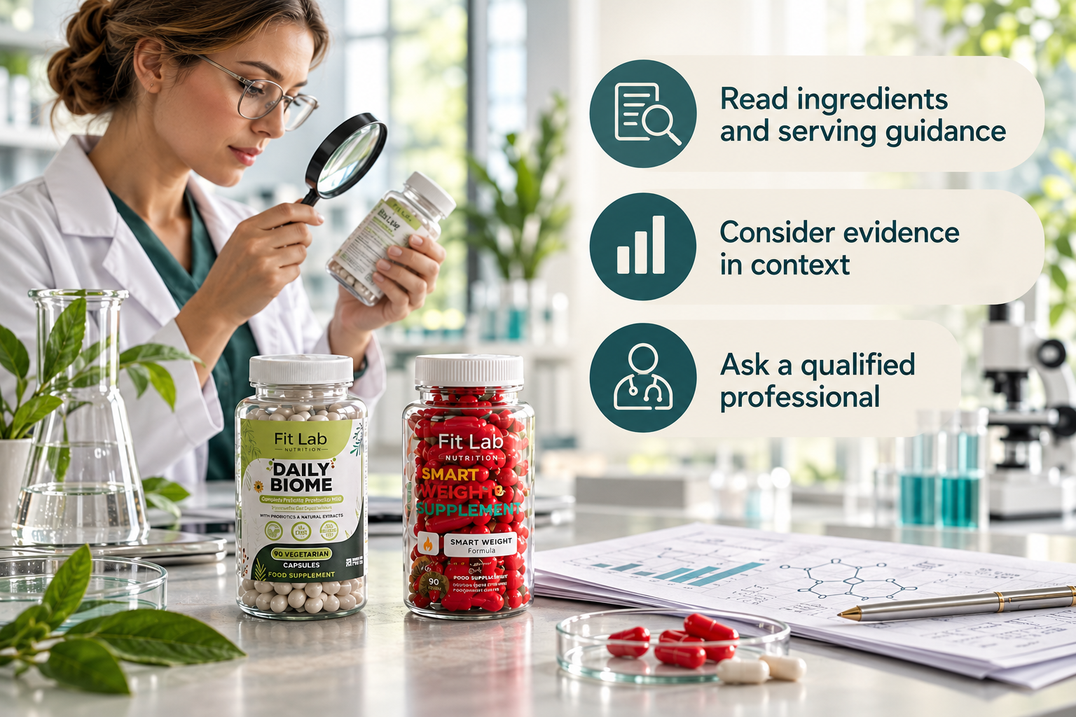 Science-Informed Supplement Choices infographic with Fitlab Nutrition supplements and practical guidance