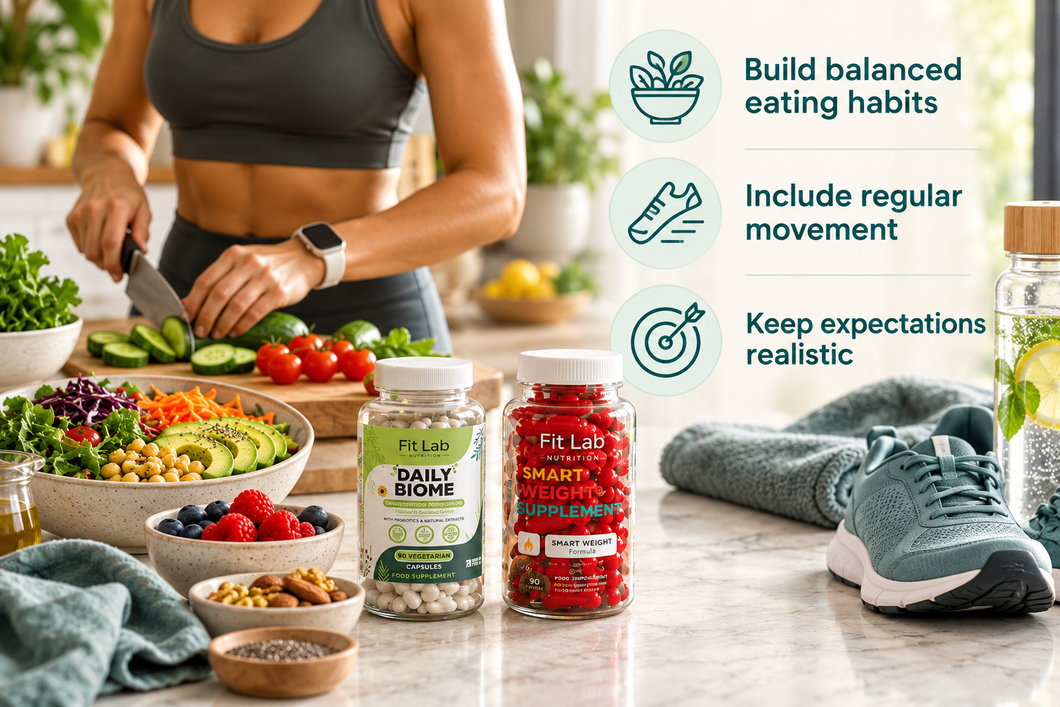 Weight Management Support Plus infographic with Fitlab Nutrition supplements and practical guidance