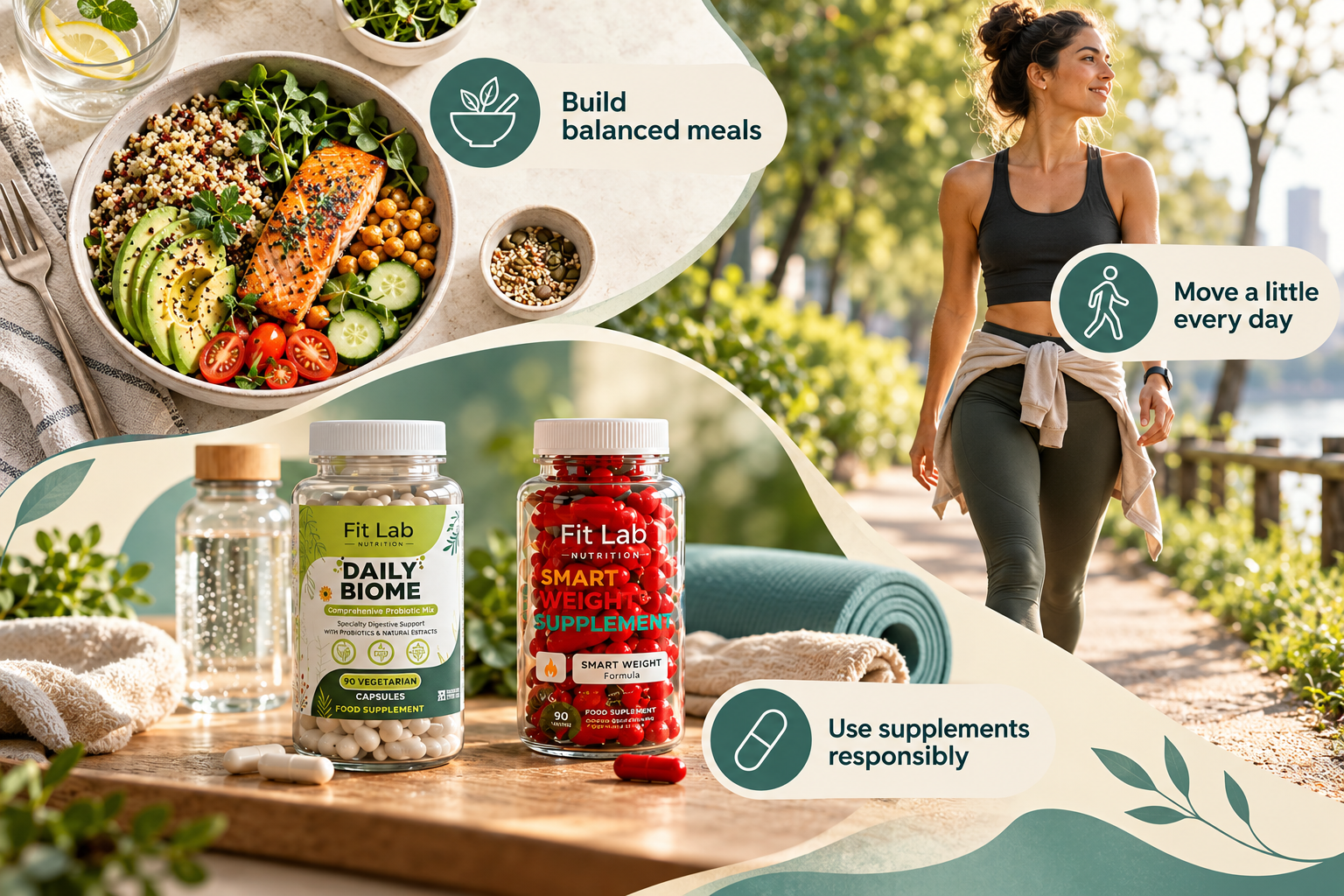 Everyday balanced wellbeing infographic with Fitlab Nutrition supplements and practical guidance